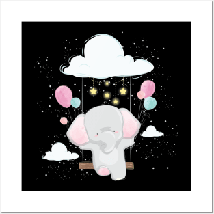 Cute Baby Elephant Flying in Balloon Posters and Art